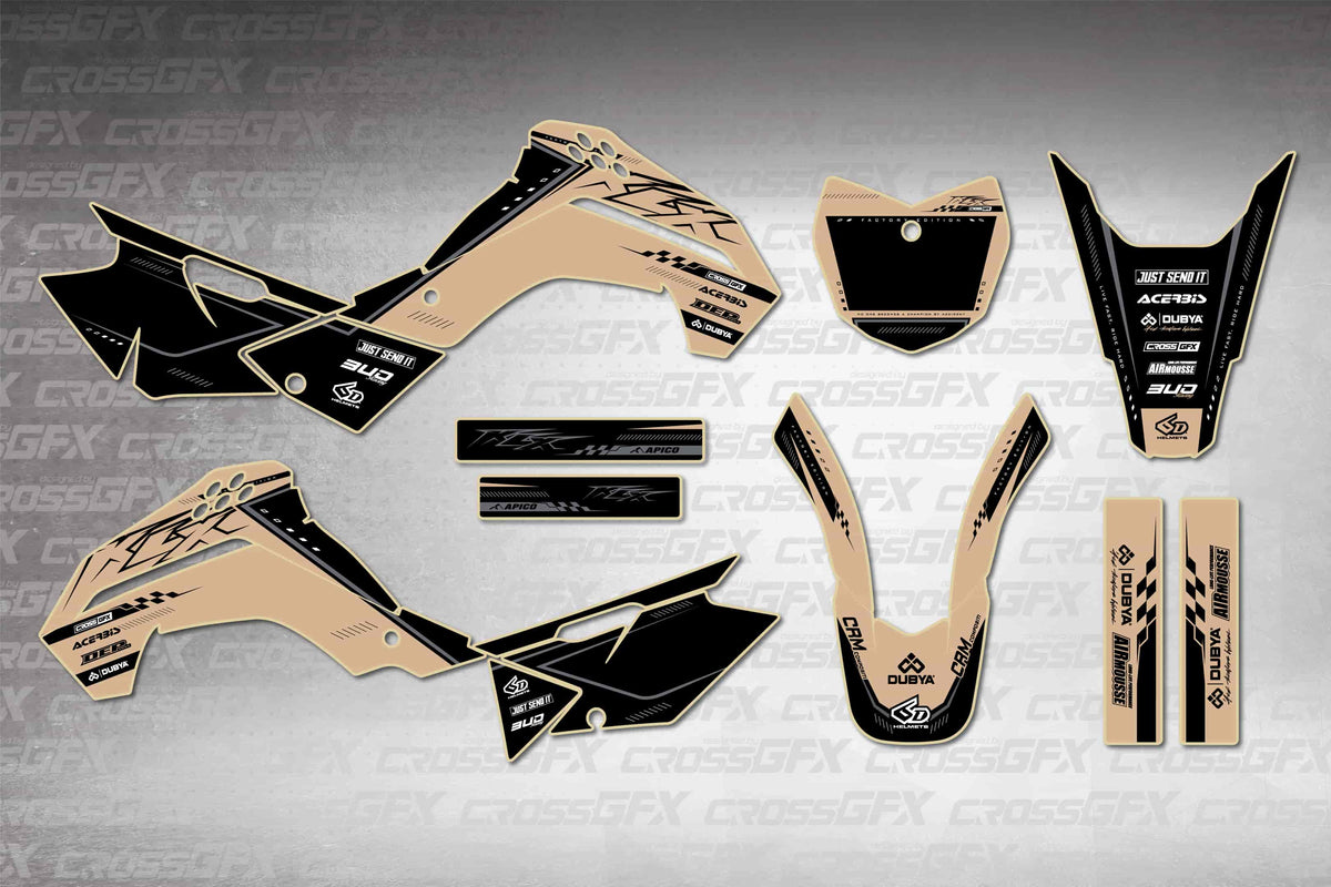 Graphics for Kawasaki KLX 140G 2017-2018 - Flux Brown - flat layout showing all decal pieces included
