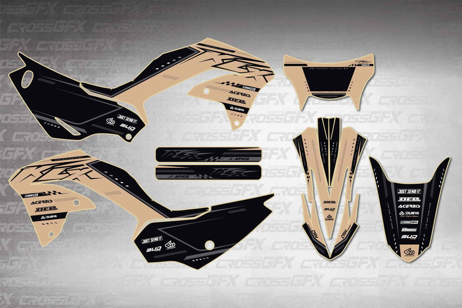 Graphics for Kawasaki KLX 230 2020-2023 - Flux Brown - flat layout showing all decal pieces included