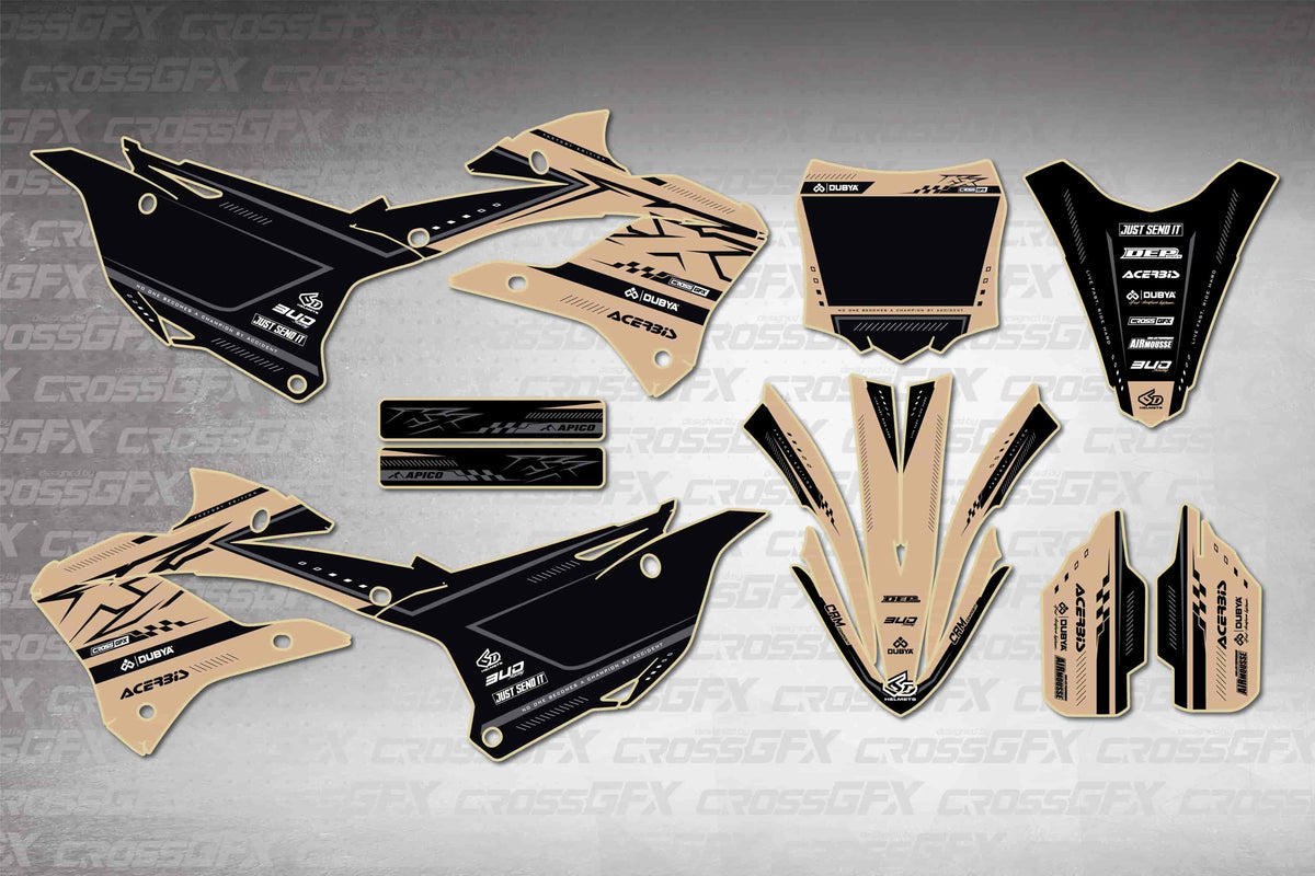 Graphics for Kawasaki KX 112 2022-2025 - Flux Brown - flat layout showing all decal pieces included