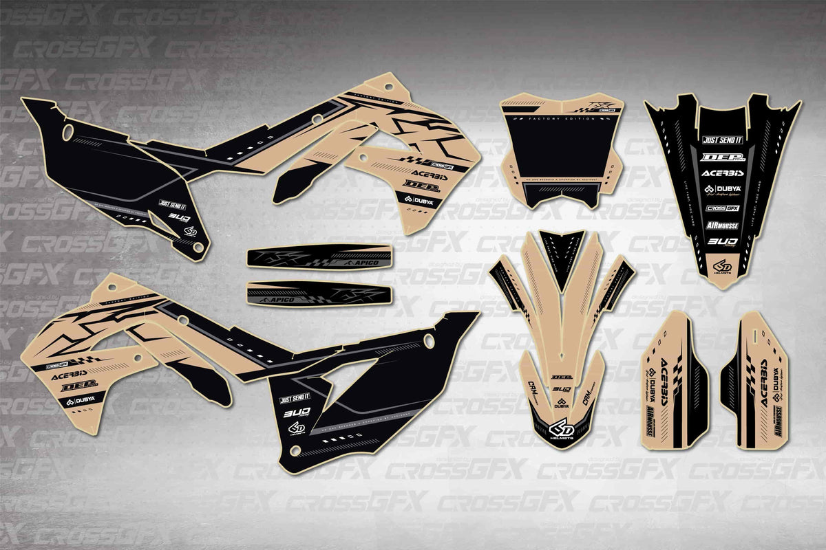 Graphics for Kawasaki KX 250X 2021-2024 - Flux Brown - flat layout showing all decal pieces included