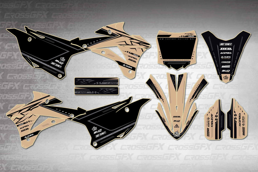 Graphics for Kawasaki KX 85 2014-2021 - Flux Brown - flat layout showing all decal pieces included