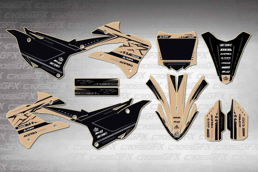 Graphics for Kawasaki KX 85 2022-2025 - Flux Brown - flat layout showing all decal pieces included