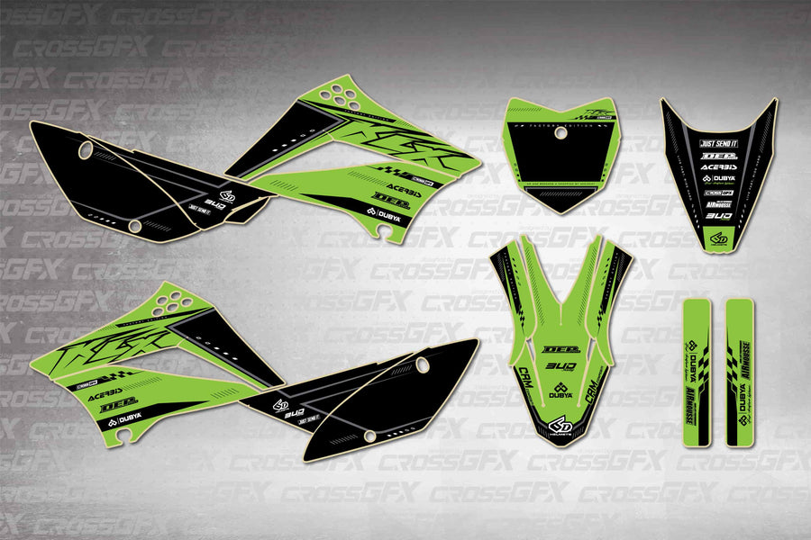 Graphics for Kawasaki KLX 110 2010-2026 - Flux Green - flat layout showing all decal pieces included