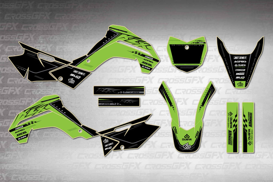 Graphics for Kawasaki KLX 140 2019-2022 - Flux Green - flat layout showing all decal pieces included
