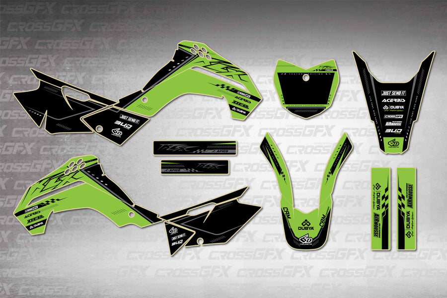 Graphics for Kawasaki KLX 140G 2017-2018 - Flux Green - flat layout showing all decal pieces included