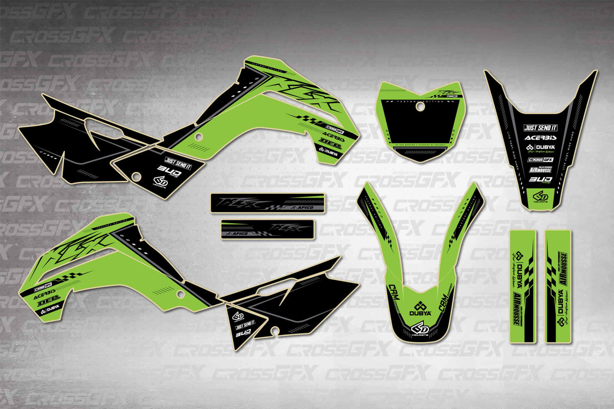 Graphics for Kawasaki KLX 140G 2019-2020 - Flux Green - flat layout showing all decal pieces included