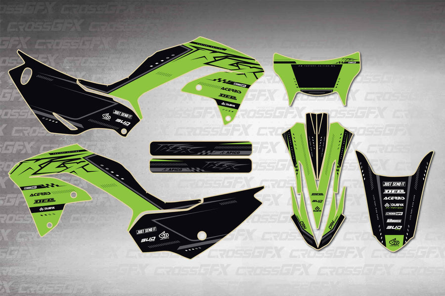 Graphics for Kawasaki KLX 230 2020-2023 - Flux Green - flat layout showing all decal pieces included