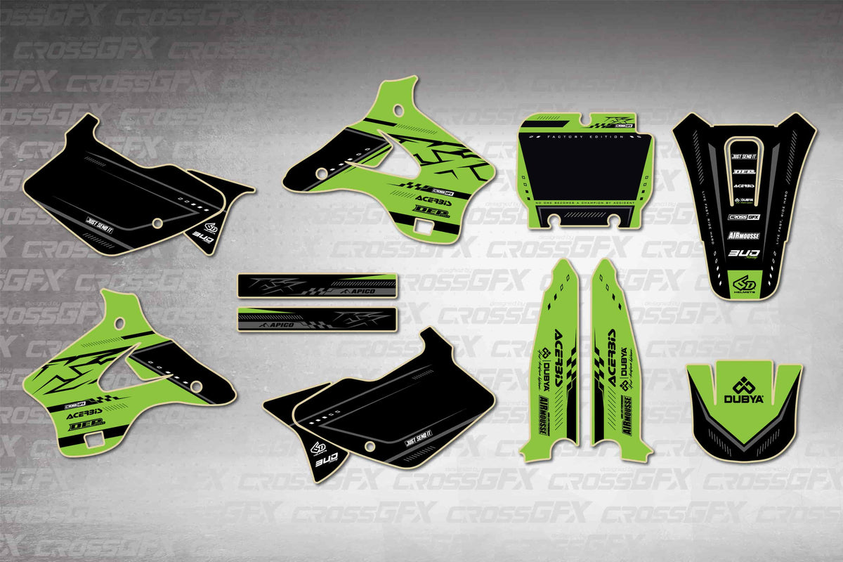 Graphics for Kawasaki KX 125 1994-1995 - Flux Green - flat layout showing all decal pieces included
