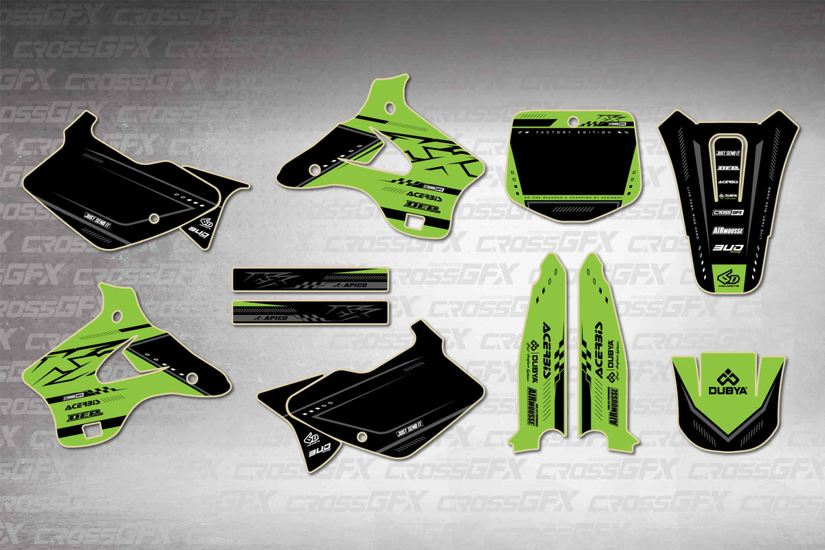 Graphics for Kawasaki KX 125 1996-1998 - Flux Green - flat layout showing all decal pieces included