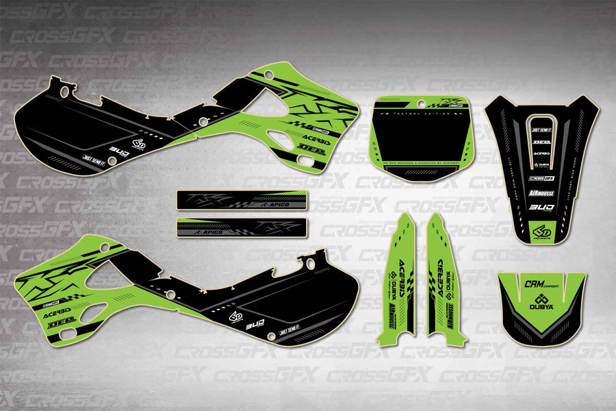 Graphics for Kawasaki KX 250 1999-2002 - Flux Green - flat layout showing all decal pieces included