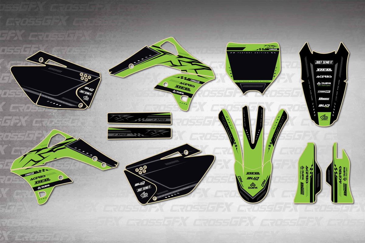 Graphics for Kawasaki KX 250F 2006-2008 - Flux Green - flat layout showing all decal pieces included