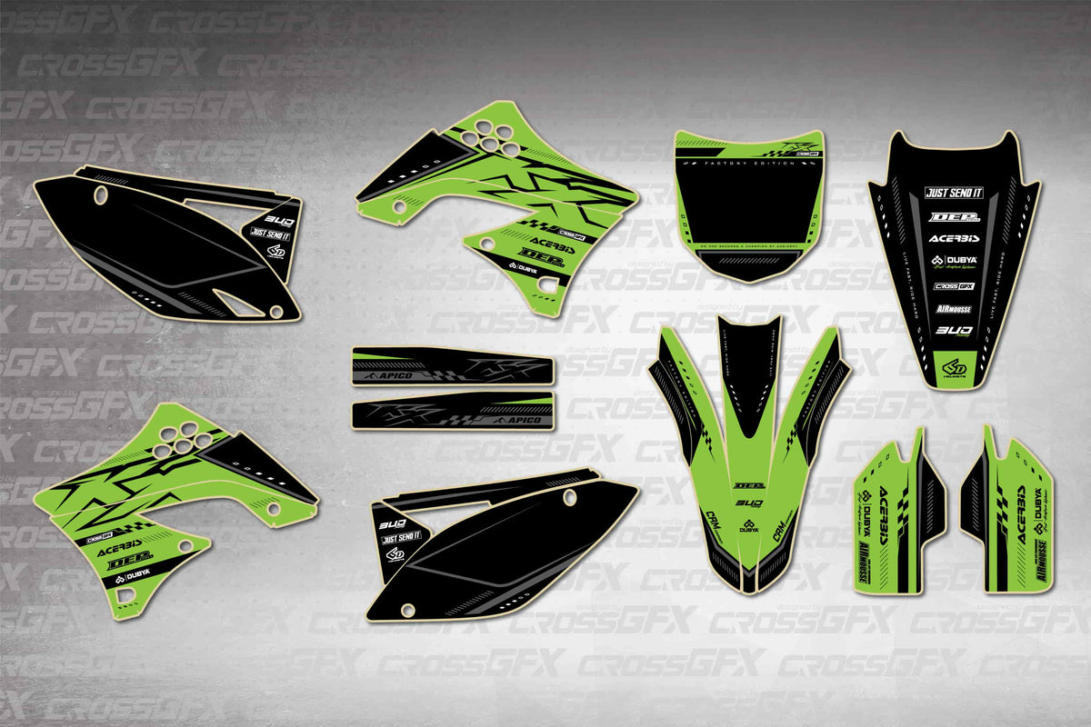 Graphics for Kawasaki KX 450F 2009-2011 - Flux Green - flat layout showing all decal pieces included