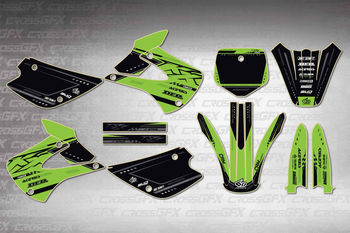 Graphics for Kawasaki KX 85 2001-2013 - Flux Green - flat layout showing all decal pieces included