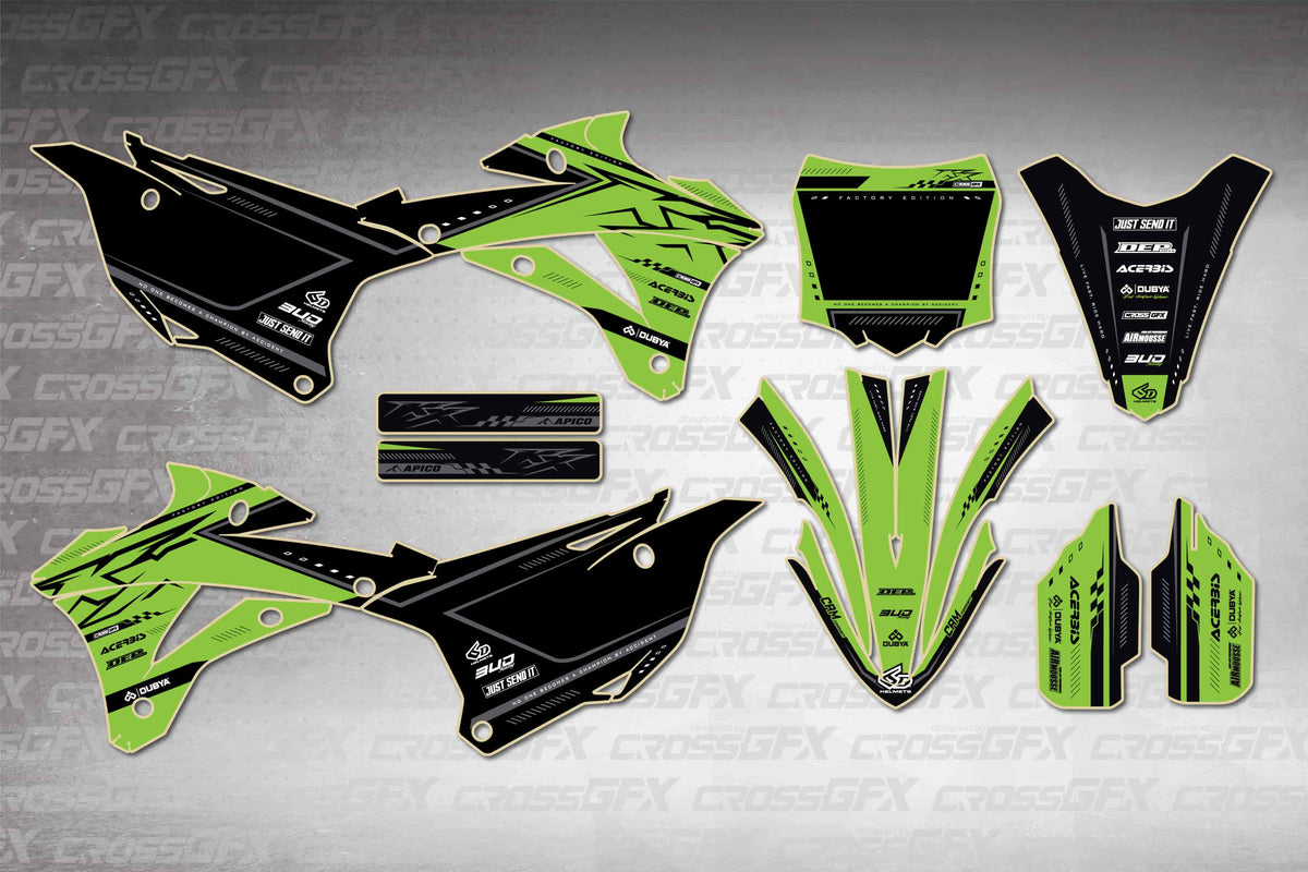 Graphics for Kawasaki KX 85 2014-2021 - Flux Green - flat layout showing all decal pieces included