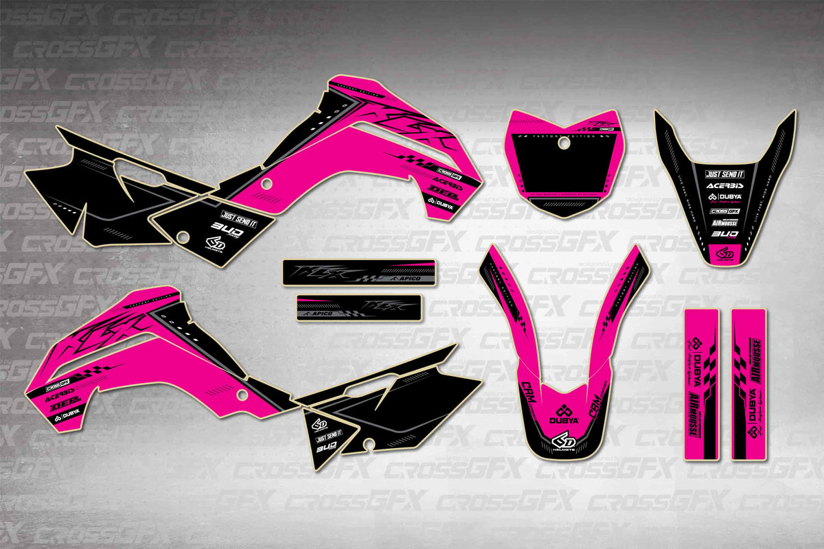 Graphics for Kawasaki KLX 140 2019-2022 - Flux Pink - flat layout showing all decal pieces included