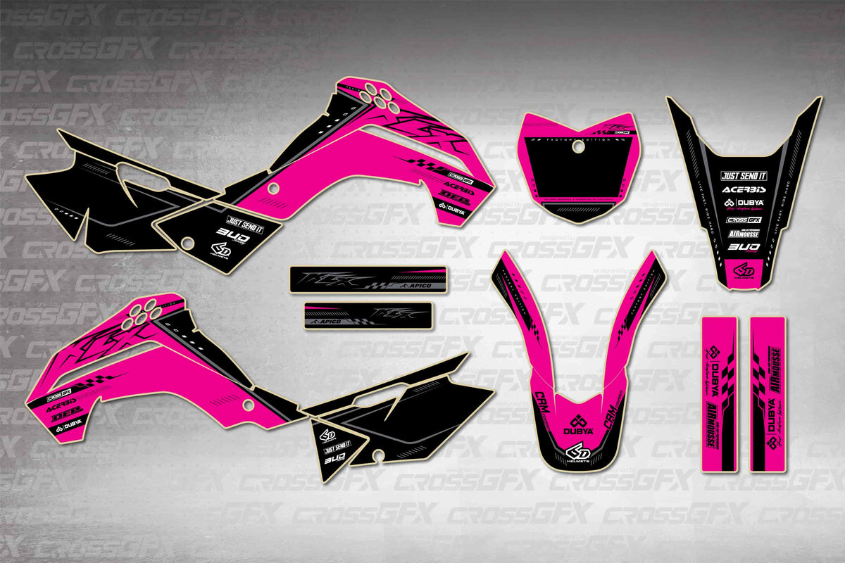 Graphics for Kawasaki KLX 140G 2017-2018 - Flux Pink - flat layout showing all decal pieces included