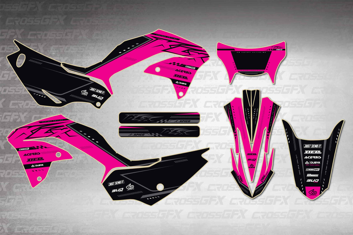 Graphics for Kawasaki KLX 230 2020-2023 - Flux Pink - flat layout showing all decal pieces included