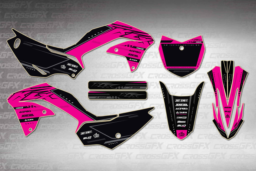 Graphics for Kawasaki KLX 230R 2020-2024 - Flux Pink - flat layout showing all decal pieces included