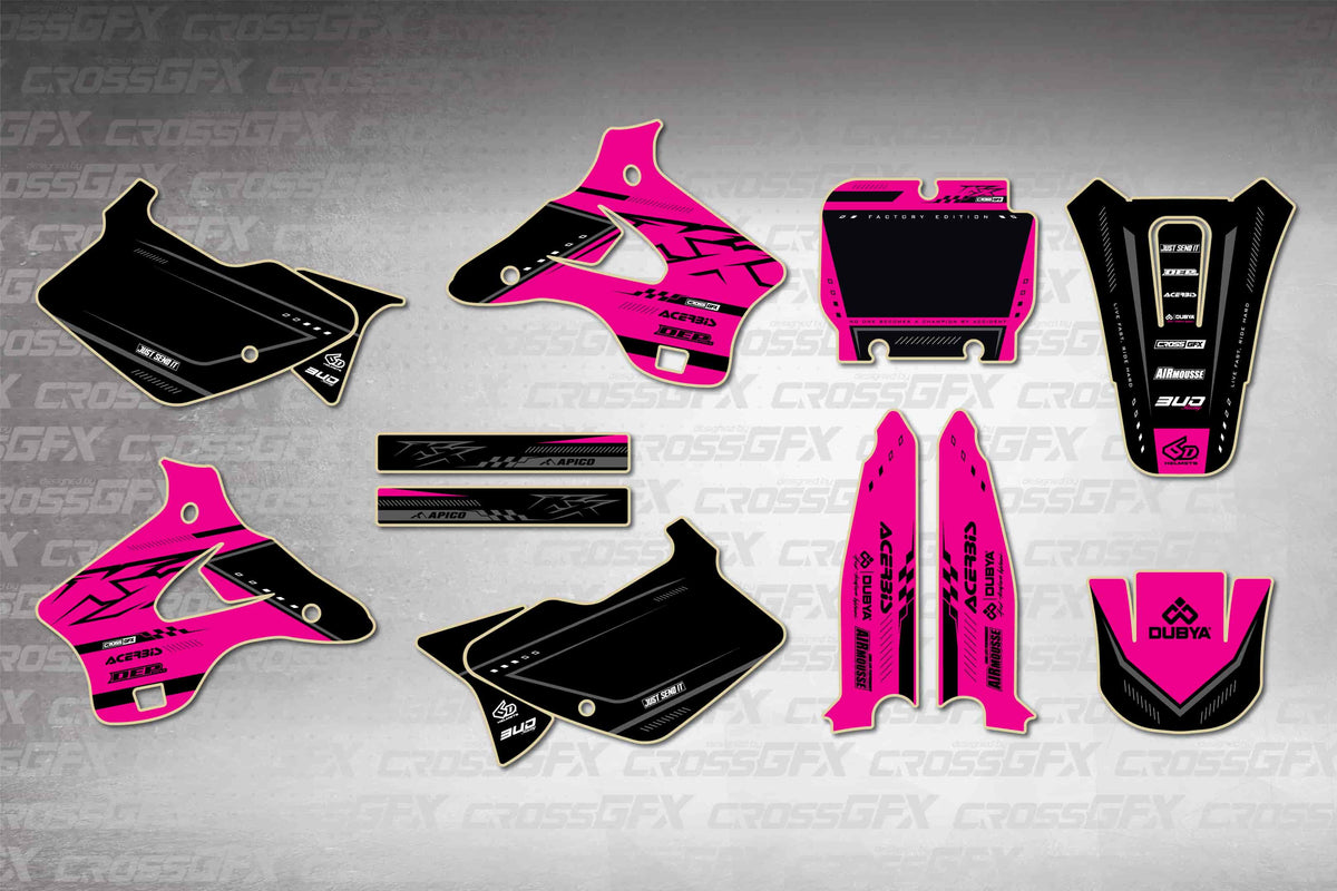 Graphics for Kawasaki KX 125 1994-1995 - Flux Pink - flat layout showing all decal pieces included