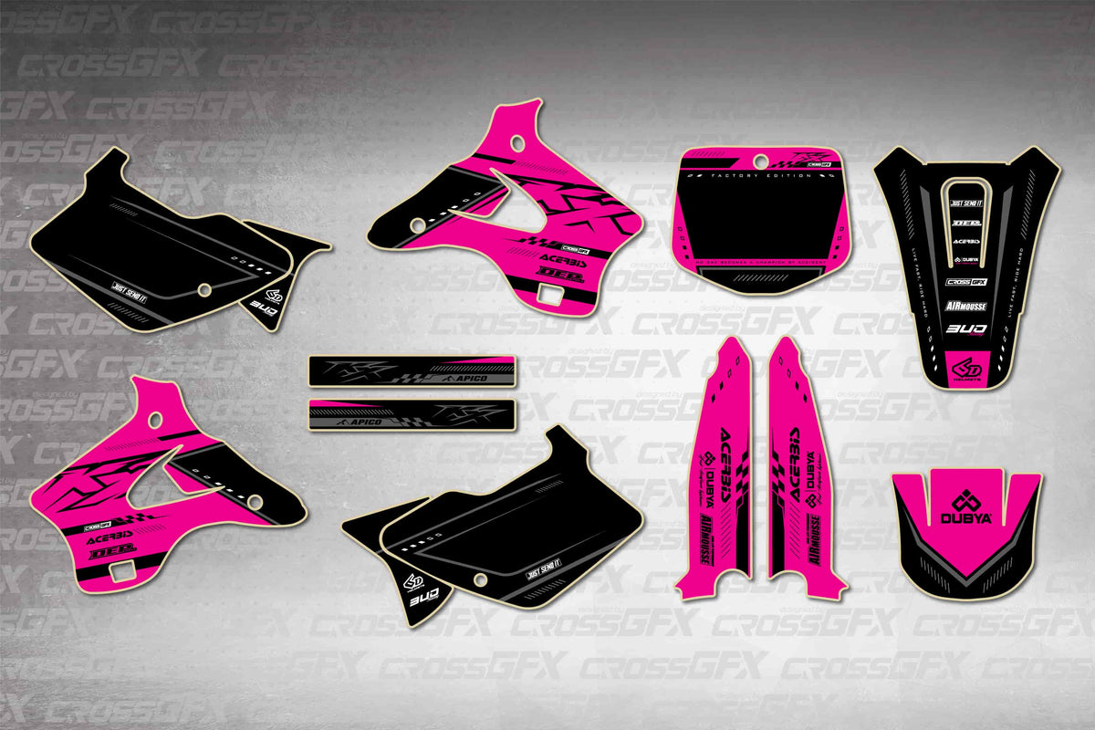 Graphics for Kawasaki KX 250 1996-1998 - Flux Pink - flat layout showing all decal pieces included