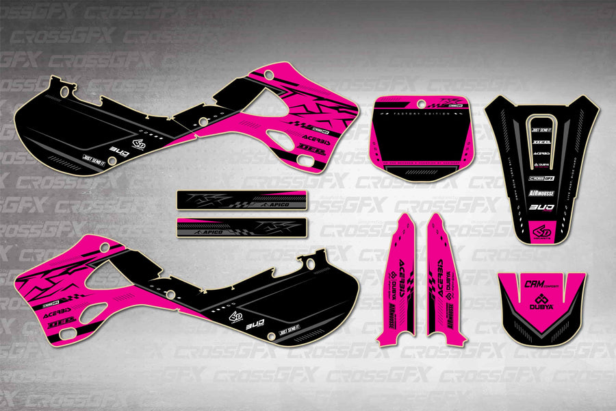 Graphics for Kawasaki KX 250 1999-2002 - Flux Pink - flat layout showing all decal pieces included