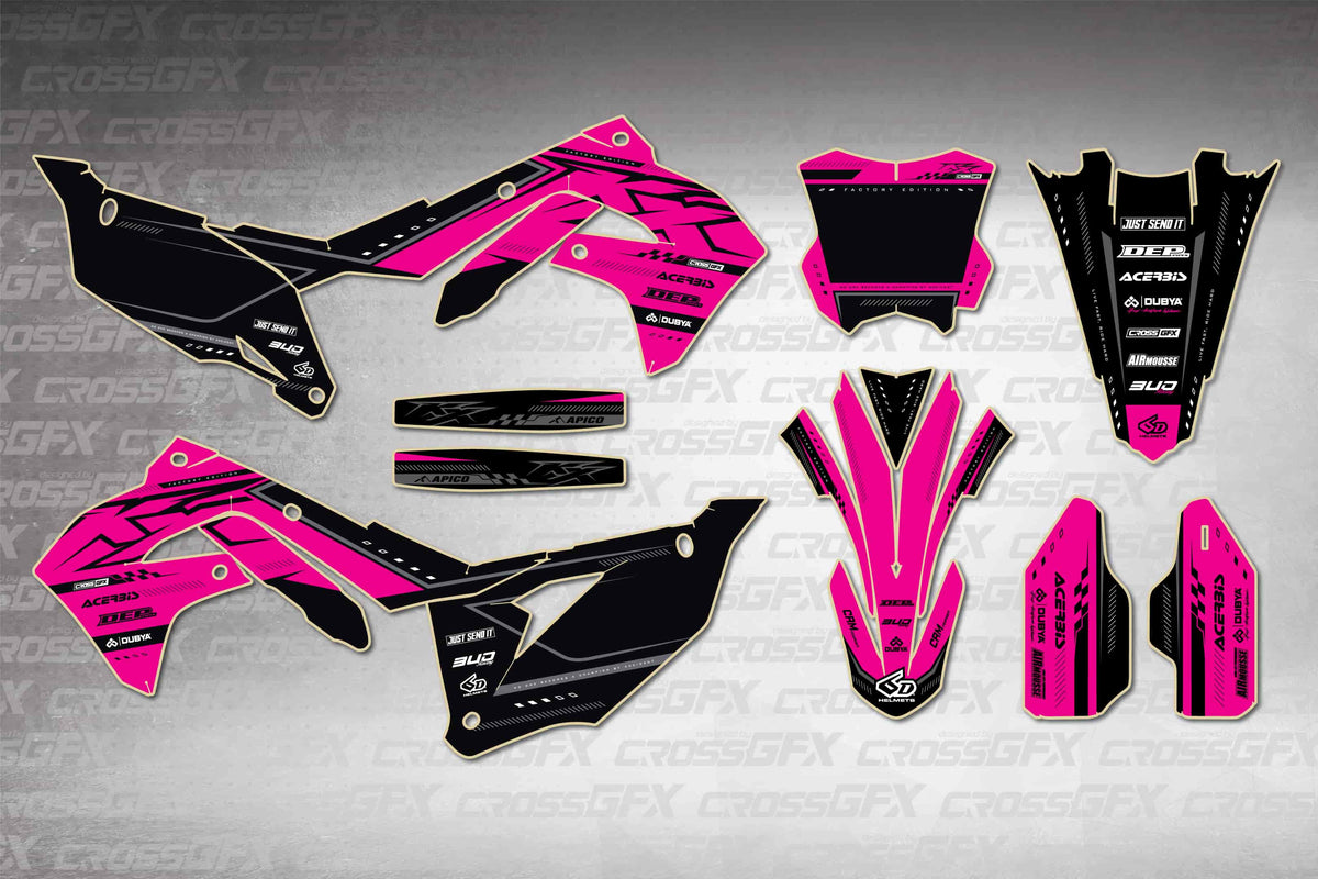 Graphics for Kawasaki KX 250 2021-2024 - Flux Pink - flat layout showing all decal pieces included