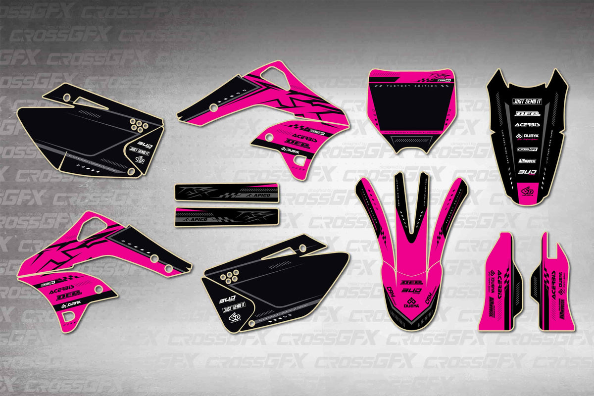 Graphics for Kawasaki KX 250F 2006-2008 - Flux Pink - flat layout showing all decal pieces included