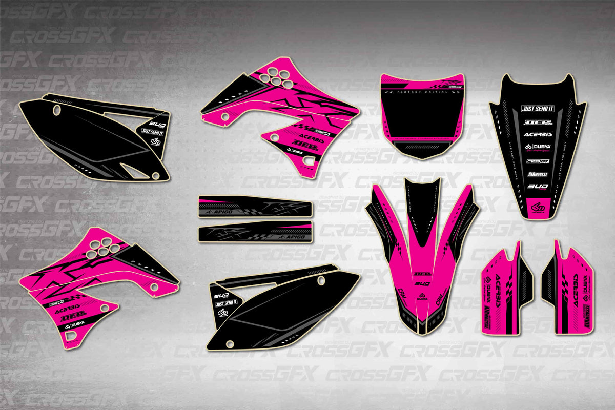 Graphics for Kawasaki KX 450F 2009-2011 - Flux Pink - flat layout showing all decal pieces included