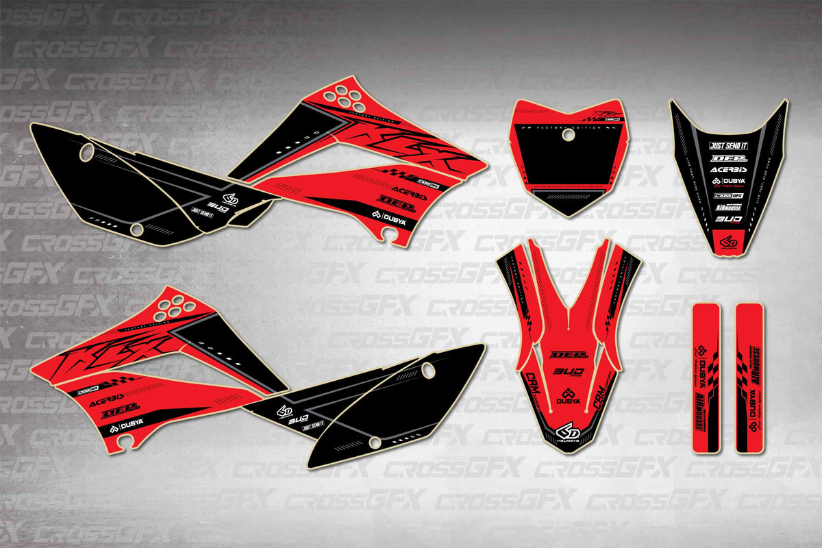 Graphics for Kawasaki KLX 110 2010-2026 - Flux Red - flat layout showing all decal pieces included