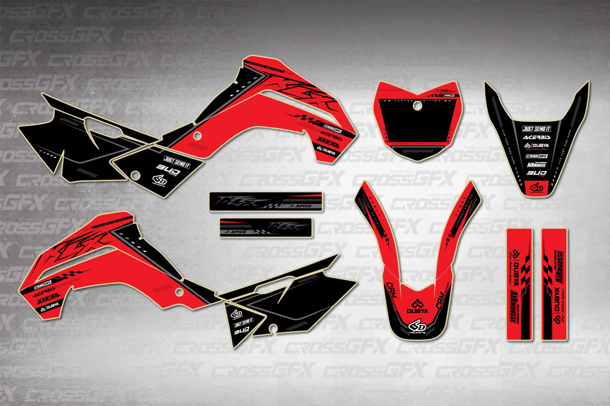 Graphics for Kawasaki KLX 140 2019-2022 - Flux Red - flat layout showing all decal pieces included