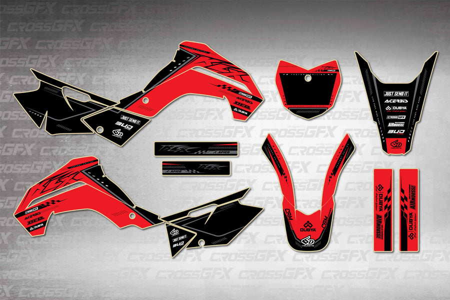 Graphics for Kawasaki KLX 140RF 2021-2025 - Flux Red - flat layout showing all decal pieces included