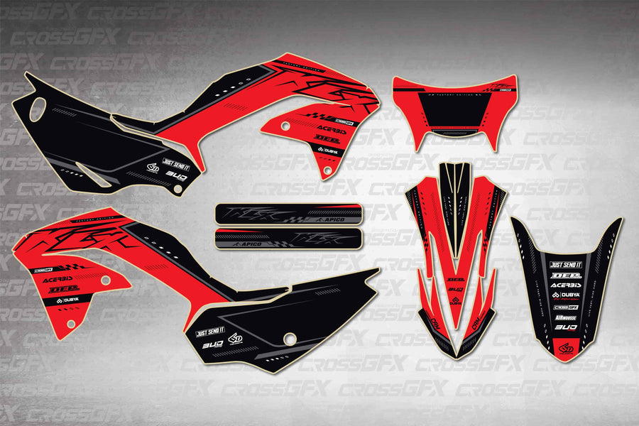 Graphics for Kawasaki KLX 230 2020-2023 - Flux Red - flat layout showing all decal pieces included
