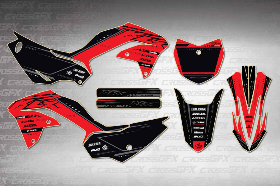 Graphics for Kawasaki KLX 230R 2020-2024 - Flux Red - flat layout showing all decal pieces included