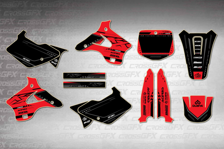 Graphics for Kawasaki KX 250 1996-1998 - Flux Red - flat layout showing all decal pieces included