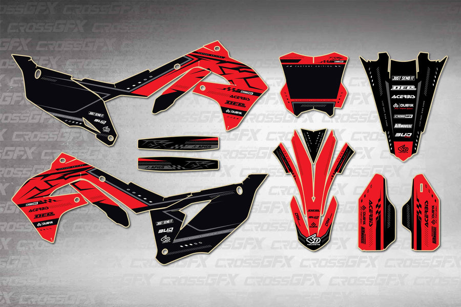 Graphics for Kawasaki KX 250X 2021-2024 - Flux Red - flat layout showing all decal pieces included