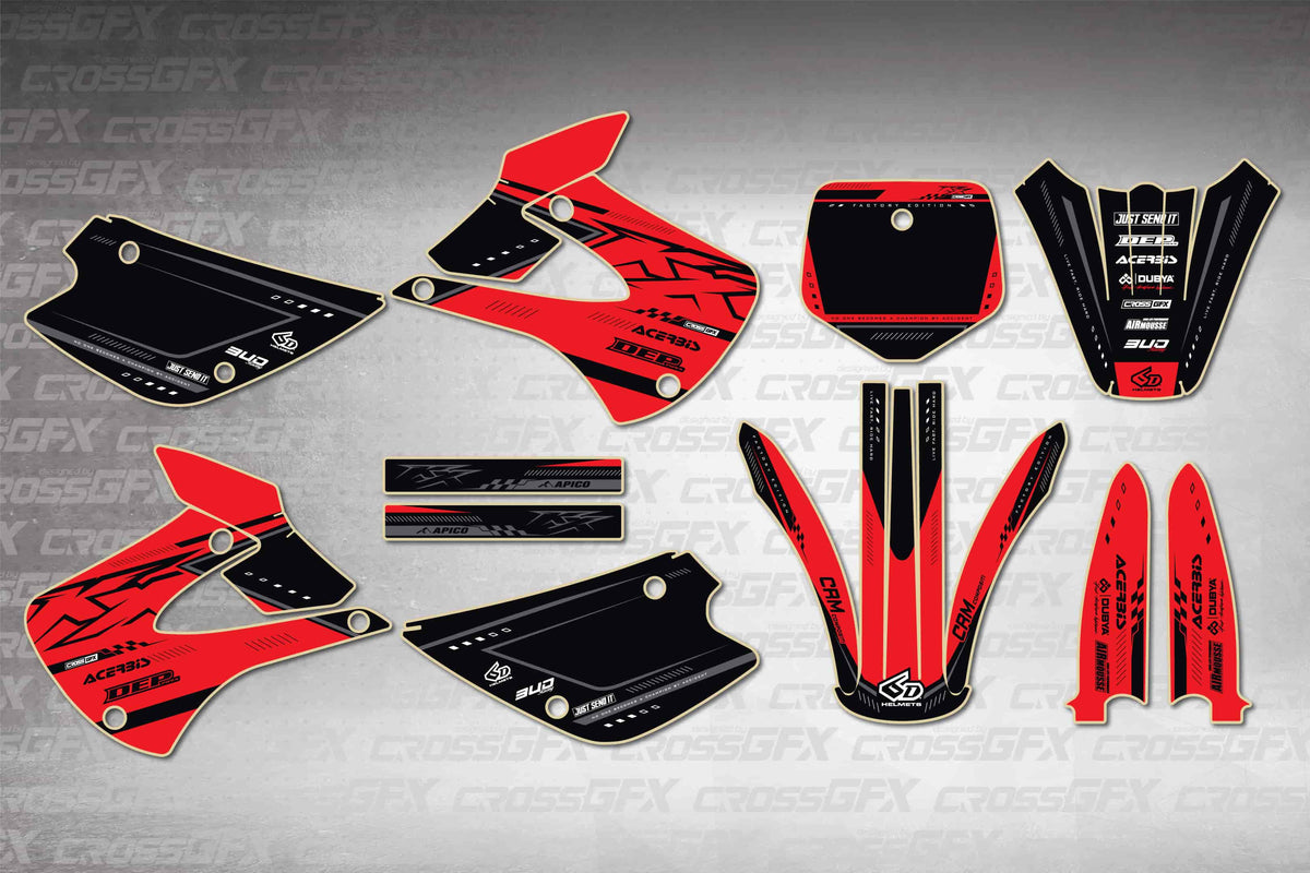 Graphics for Kawasaki KX 85 2001-2013 - Flux Red - flat layout showing all decal pieces included