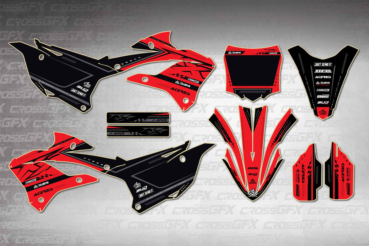 Graphics for Kawasaki KX 85 2022-2025 - Flux Red - flat layout showing all decal pieces included