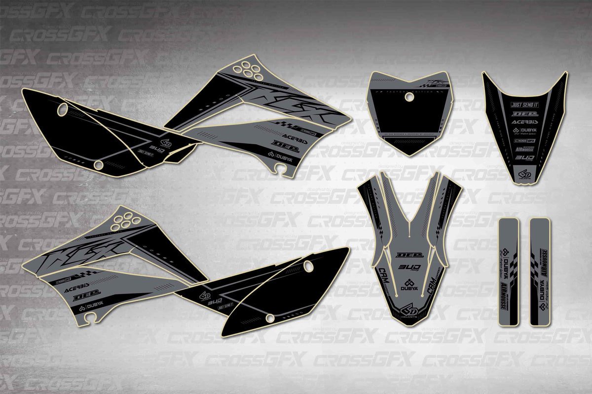 Graphics for Kawasaki KLX 110 2010-2026 - Flux Smoke - flat layout showing all decal pieces included