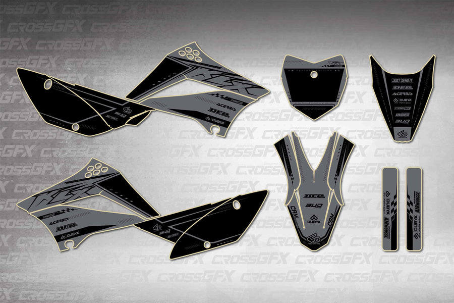 Graphics for Kawasaki KLX 110 2010-2026 - Flux Smoke - flat layout showing all decal pieces included