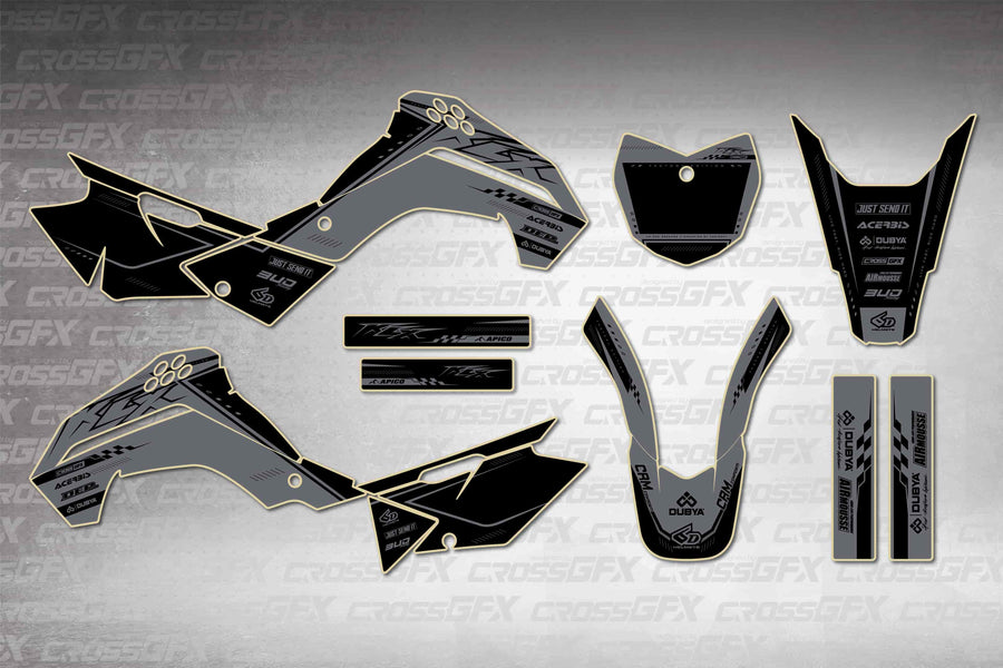 Graphics for Kawasaki KLX 140G 2017-2018 - Flux Smoke - flat layout showing all decal pieces included