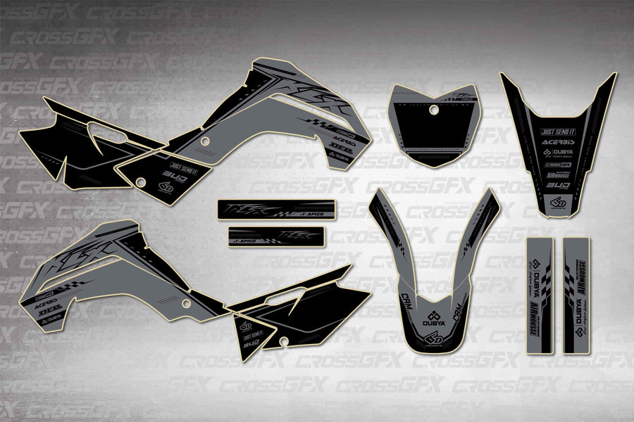Graphics for Kawasaki KLX 140G 2019-2020 - Flux Smoke - flat layout showing all decal pieces included