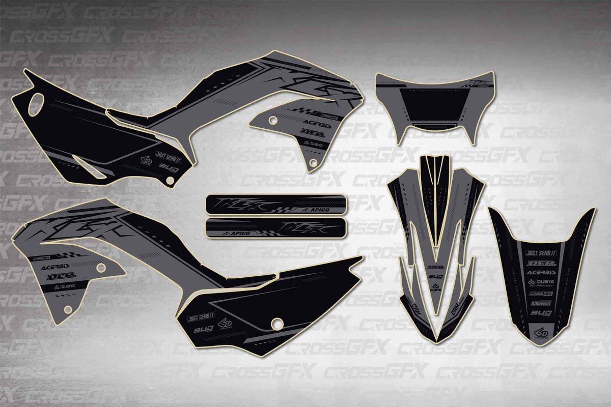 Graphics for Kawasaki KLX 230 2020-2023 - Flux Smoke - flat layout showing all decal pieces included
