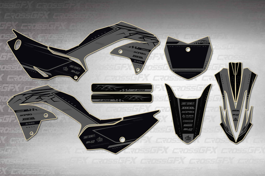 Graphics for Kawasaki KLX 230R 2020-2024 - Flux Smoke - flat layout showing all decal pieces included
