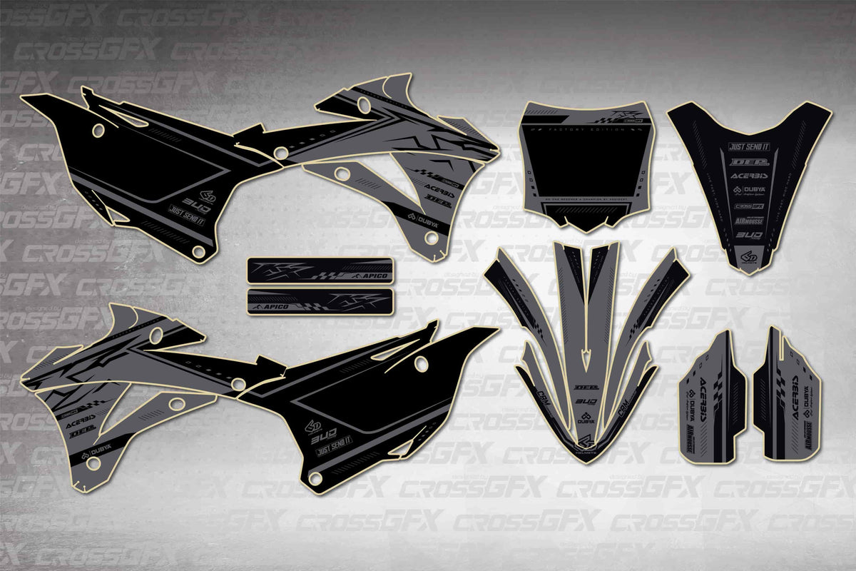 Graphics for Kawasaki KX 100 2014-2021 - Flux Smoke - flat layout showing all decal pieces included