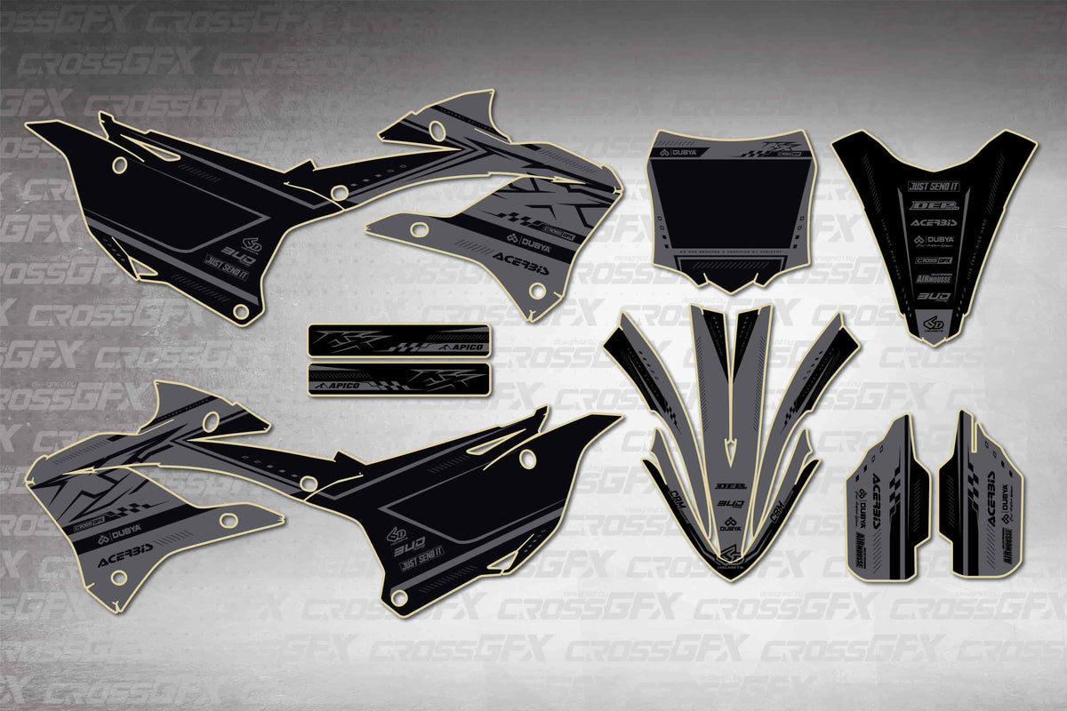Graphics for Kawasaki KX 112 2022-2025 - Flux Smoke - flat layout showing all decal pieces included