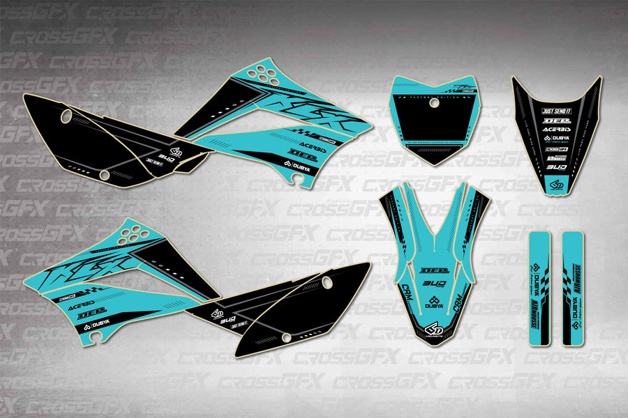 Graphics for Kawasaki KLX 110 2010-2026 - Flux Teal - flat layout showing all decal pieces included