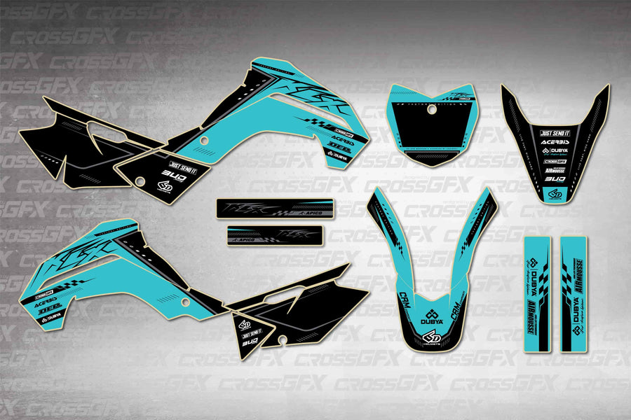 Graphics for Kawasaki KLX 140 R/RL 2021-2025 - Flux Teal - flat layout showing all decal pieces included