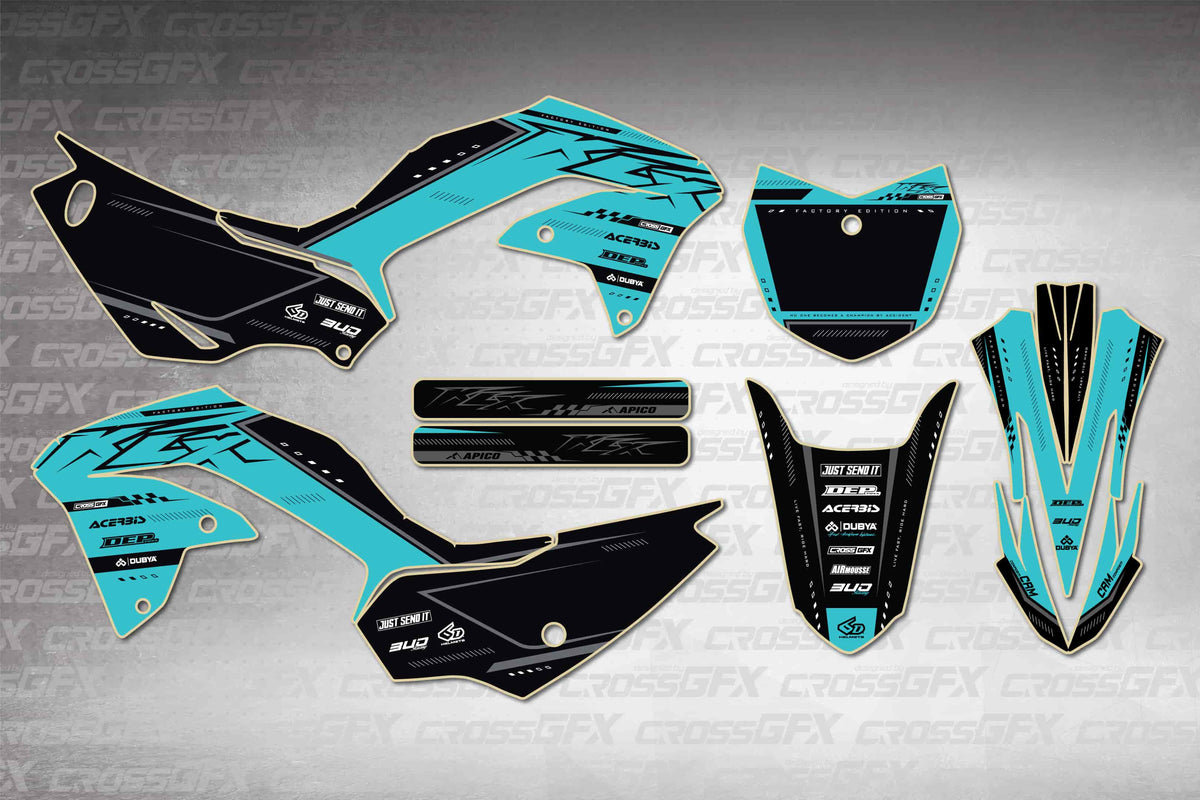 Graphics for Kawasaki KLX 230R 2020-2024 - Flux Teal - flat layout showing all decal pieces included