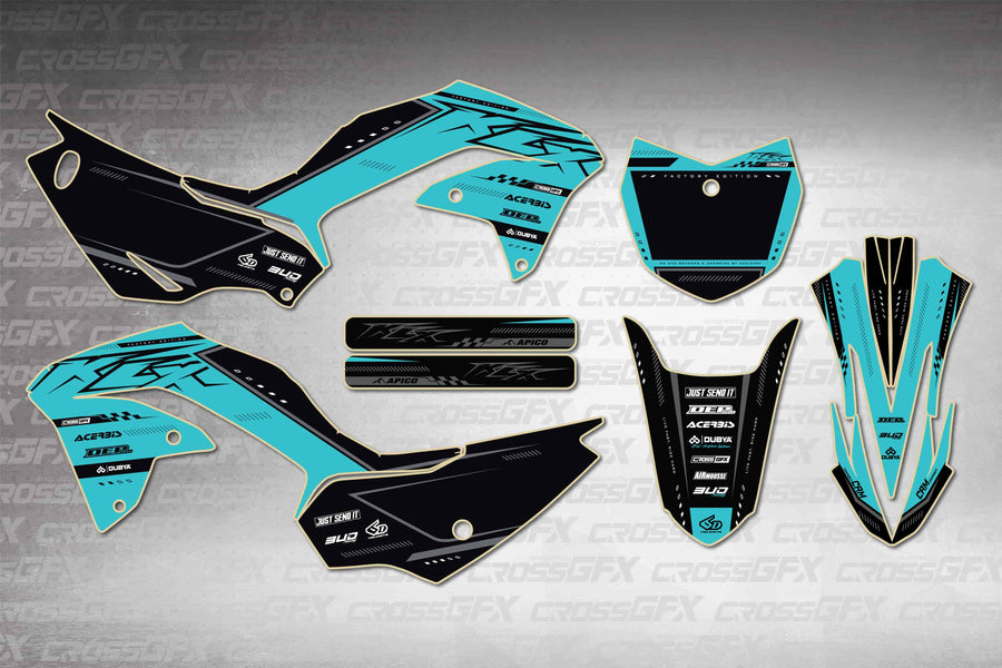Graphics for Kawasaki KLX 230R 2020-2024 - Flux Teal - flat layout showing all decal pieces included