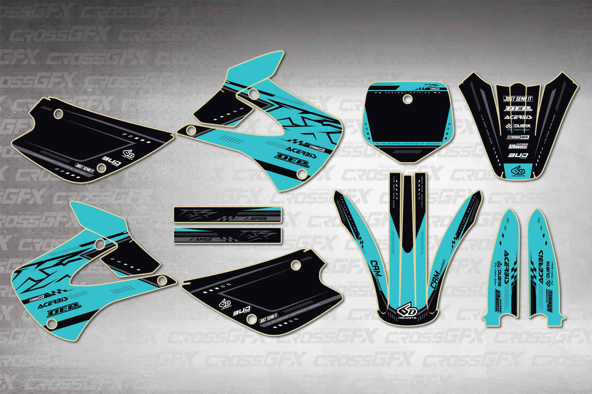 Graphics for Kawasaki KX 100 2001-2013 - Flux Teal - flat layout showing all decal pieces included